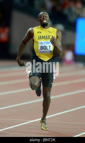 Londra, Regno Unito. 05 Ago, 2017. Justin Gatlin (USA) vince il concorso oltre il favorito Usain Bolt (JAM) presso la IAAF Atletica Campionati del Mondo - Londra 2017 Credit: Mariano Garcia/Alamy Live News Foto Stock