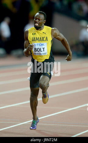 Londra, Regno Unito. 05 Ago, 2017. Justin Gatlin (USA) vince il concorso oltre il favorito Usain Bolt (JAM) presso la IAAF Atletica Campionati del Mondo - Londra 2017 Credit: Mariano Garcia/Alamy Live News Foto Stock