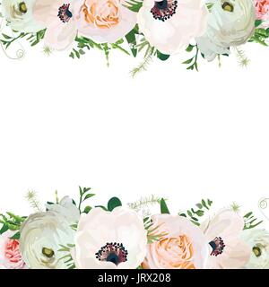 Fiore di vettore scheda quadrato design. La luce rosa Anemone, Ranunculus, eucalipto verde impianto stagionale di erbe mix di foglia. Elegante carino saluto poster, wedding Illustrazione Vettoriale