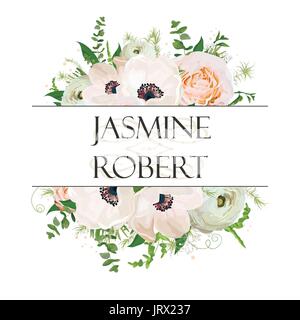 Vettore design floreale square card design. Luce soft anemone rosa ranunculus Verde Eucalipto pianta stagionale di foglie di erbe mix. Saluto invitare wedding Illustrazione Vettoriale