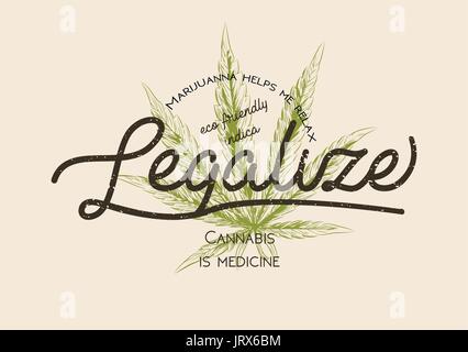 Legalizzare la marijuana, cannabis infestanti a foglia verde logo retrò, poster, t-shirt design. Indica il pacchetto etichetta vintage. Impianto Medecine legalizzazione prodotto hor Illustrazione Vettoriale