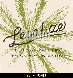 Legalizzare la marijuana, cannabis infestanti a foglia verde logo retrò, T- shirt design. Indica il pacchetto etichetta vintage. Impianto Medecine legalizzazione prodotto square pos Illustrazione Vettoriale