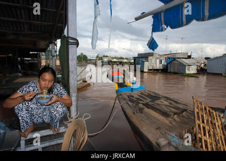 Case della fattoria di pesce. Phong Dien, Delta del Mekong, Vietnam. Flottante fattoria di pesce nelle acque del fiume Mekong, Can Tho, Delta del Mekong, Vietnam, sud-est asiatico Foto Stock