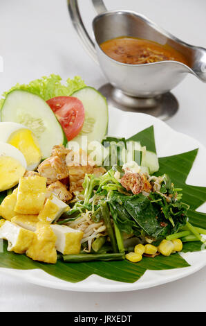 Gado gado-, indonesiano insalata di verdure mix di servire con salsa di arachidi, tempe, tofu e krupuk Foto Stock