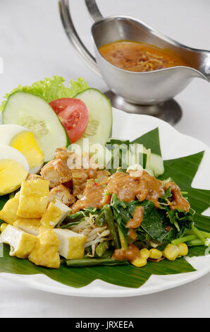 Gado gado-, indonesiano insalata di verdure mix di servire con salsa di arachidi, tempe, tofu e krupuk Foto Stock