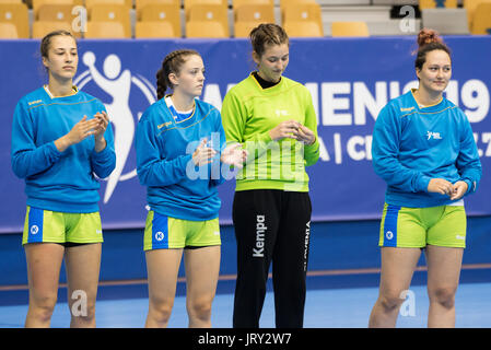 Celje, Slovenia. 05 Ago, 2017. Il team della Slovenia presso le donne del Campionato Europeo match tra la Slovenia e la Spagna a Zlatorog Arena il 5 agosto 2017 in Celje, Slovenia. Credito: Rok Rakun/Pacific Press/Alamy Live News Foto Stock