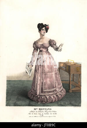 Cantante Contralto Madame Montano come Rosine in opera le Barbier de Seville di Gioachino Rossini, il Theatre Royal de l'Odeon, 1823. Litografia Handcolored da F. Noel dopo una illustrazione da Lavigne Marin dai ritratti d'Acteurs et d'Actrices dans diversi ruoli, F. Noel, Parigi, 1825. Foto Stock