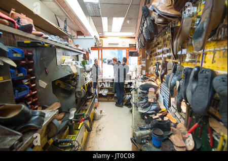 Cobbler che ripara scarpe in pelle all'interno di un'officina tradizionale. Sulla parete sono visibili utensili, attrezzature di taglio chiave e suole di ricambio Foto Stock