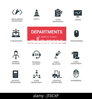 Reparti di ufficio - linea icone del design e pittogrammi impostato Illustrazione Vettoriale