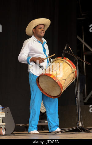 Grupo Canalón de Timbiquí effettuando al Womad Festival, Charlton Park di Malmesbury, Wiltshire, Inghilterra, luglio 29, 2017 Foto Stock