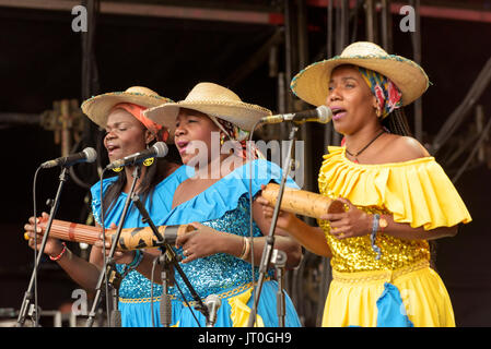 Grupo Canalón de Timbiquí effettuando al Womad Festival, Charlton Park di Malmesbury, Wiltshire, Inghilterra, luglio 29, 2017 Foto Stock