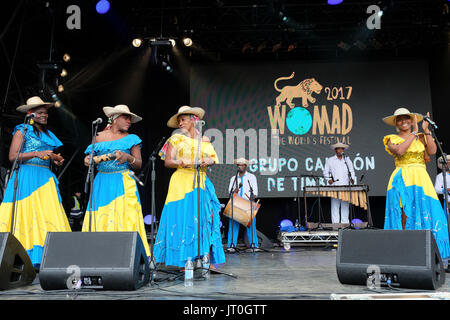 Grupo Canalón de Timbiquí effettuando al Womad Festival, Charlton Park di Malmesbury, Wiltshire, Inghilterra, luglio 29, 2017 Foto Stock