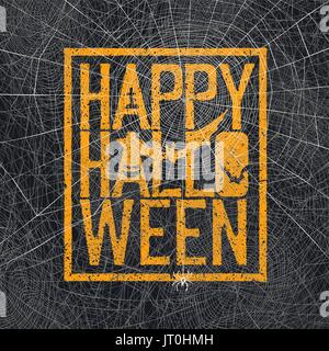 Halloween holiday card design. Spider e 'happy Halloween testo'. Spider Web sfondo vettoriale. Illustrazione Vettoriale