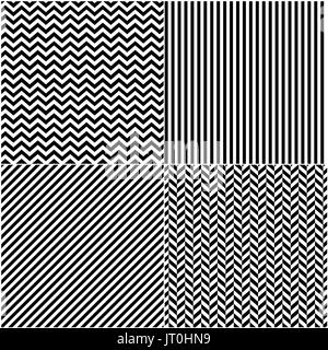 Quattro classic nero e linee bianche perfetta raccolta modelli. Diagonale, Chevron, a zig-zag e linee rette verticali seamless pattern monocromatico. Mo Illustrazione Vettoriale