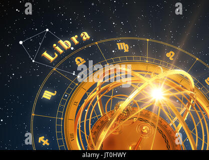 Segno zodiacale bilancia e sfera armillare su sfondo blu. 3D'illustrazione. Foto Stock