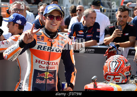 Brno, Repubblica Ceca. 05 Ago, 2017. Lo spagnolo motorcycle road racer Marc Marquez durante il Gran Premio della Repubblica ceca 2017 sul circuito di Brno in Repubblica Ceca il 5 agosto 2017. Credito: Vaclav Salek/CTK foto/Alamy Live News Foto Stock