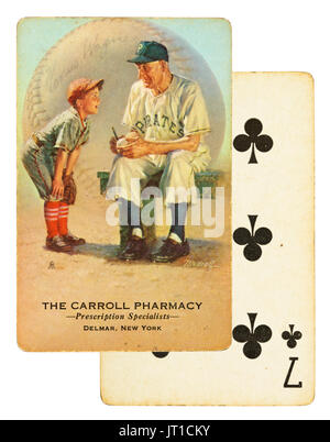 Artwork da Bill la Medcalf del grande baseball Honus Wagner utilizzato come la pubblicità sul retro delle carte da gioco ca: 1953. Le carte sono state stampate da marrone A & B Foto Stock