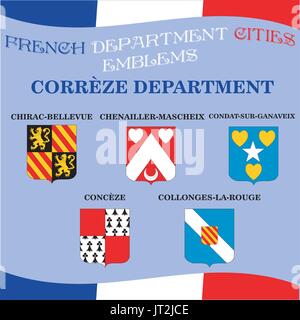 Emblemi ufficiali delle città del dipartimento francese Correze Illustrazione Vettoriale