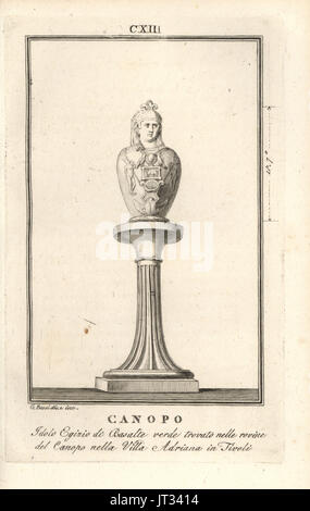 Busto di idolo egiziano Canopus, dio di acqua, in basalto trovata nel Canopo di Villa Adriana a Tivoli. Copperplate disegnato e inciso da Giacomo Bossi di Pietro Paolo Montagnani-Mirabili Il Museo Capitolino (il Museo Capitolino), Roma, 1820. Foto Stock