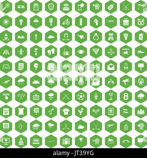 100 icone a forma di freccia verde a testa esagonale Illustrazione Vettoriale