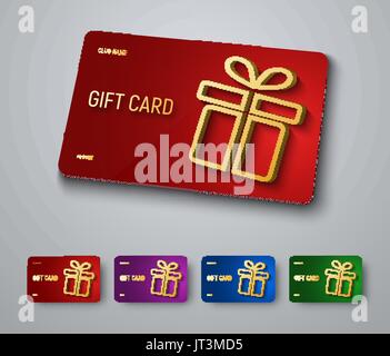 Gift card design con un oro 3D box con un'ombra. Una serie di modelli su un rosso, blu, viola e verde dello sfondo. Illustrazione Vettoriale Illustrazione Vettoriale