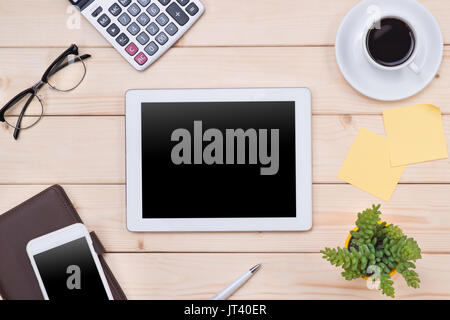 Compressa immagine d'intestazione. Office roba, workplace, vista dall'alto Foto Stock