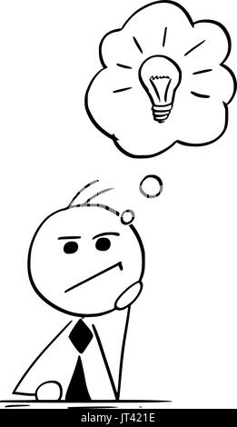 Cartoon illustrazione di stick uomo imprenditore manager o imprenditore o politico pensare hard con lampadina nel discorso bolla o un palloncino al di sopra dei suoi Illustrazione Vettoriale