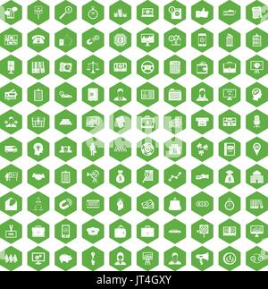 100 business icone del gruppo verde a testa esagonale Illustrazione Vettoriale