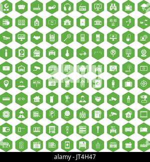 100 le icone della telecamera verde esagonale Illustrazione Vettoriale