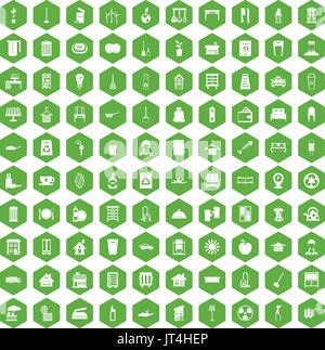100 icone di pulizia verde esagonale Illustrazione Vettoriale