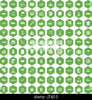 100 icone di consegna verde esagonale Illustrazione Vettoriale