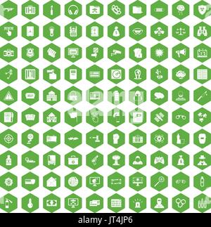 100 icone di hacking verde esagonale Illustrazione Vettoriale