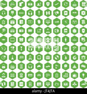 Cuffie 100 icone verde esagonale Illustrazione Vettoriale