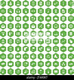 100 mobile icone verde esagonale Illustrazione Vettoriale