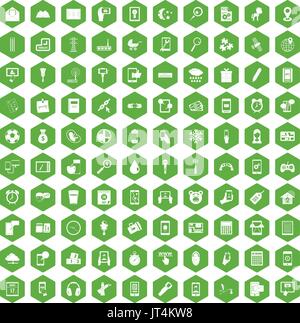 100 mobile app icone verde esagonale Illustrazione Vettoriale