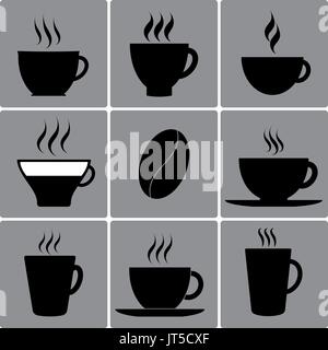 Tipi di tazze, piatti, bicchieri. Tazza da caffè, tè, latte, cocktail americano espresso kofe grano nero icone vettoriali cup Illustrazione Vettoriale