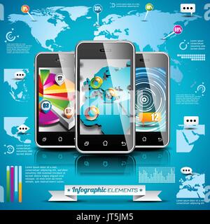 Disegno vettoriale set di elementi infografico. Mappa del mondo e grafica informazioni sul telefono cellulare. EPS 10 illustrazione Illustrazione Vettoriale