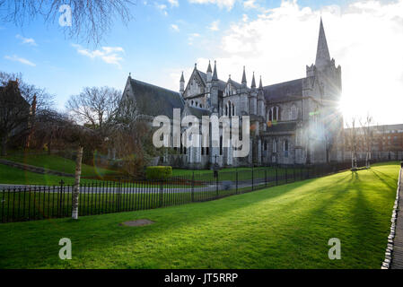 La Cattedrale di St Patrick, Dublino durante la stagione autunnale . Erba verde e azzurro del cielo. Foto Stock