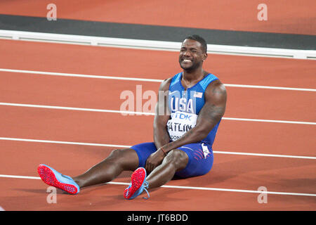 Londra, Inghilterra - 05 agosto: Justin Gatlin dopo aver vinto gli Uomini 100m finale durante il giorno due del XVII IAAF mondiale di atletica Londra 2017 presso il London Stadium il 5 agosto 2017 a Londra. Foto Stock