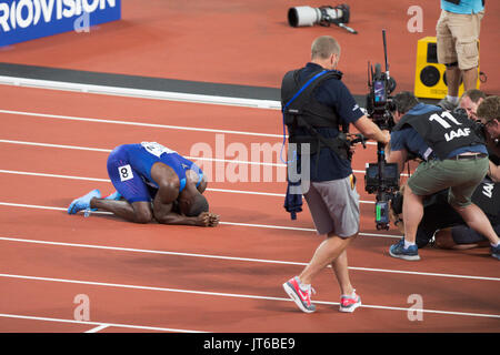 Londra, Inghilterra - 05 agosto: Justin Gatlin dopo aver vinto gli Uomini 100m finale durante il giorno due del XVII IAAF mondiale di atletica Londra 2017 presso il London Stadium il 5 agosto 2017 a Londra. Foto Stock