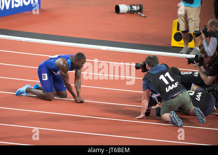 Londra, Inghilterra - 05 agosto: Justin Gatlin dopo aver vinto gli Uomini 100m finale durante il giorno due del XVII IAAF mondiale di atletica Londra 2017 presso il London Stadium il 5 agosto 2017 a Londra. Foto Stock