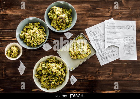 Ricetta di birra e tutto il luppolo essiccato pronto per essere piantato in ebollizione il bollitore di un homebrewer. Foto Stock