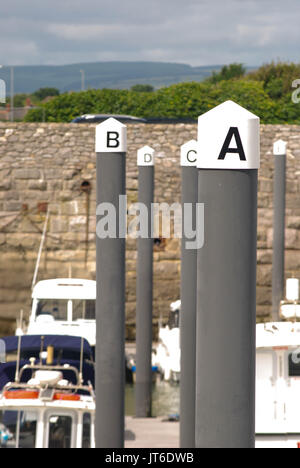 I letterati posti di ormeggio di supporto del molo nel porto di porthcawl, Galles Foto Stock