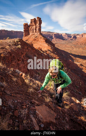 Una femmina di escursioni nel deserto area della Valle degli Dèi con il suo cane. Foto Stock