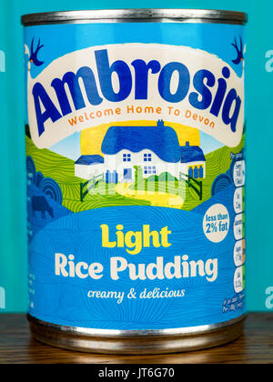 Può o stagno di luce ambrosia budino di riso contro un blu sullo sfondo di legno Foto Stock
