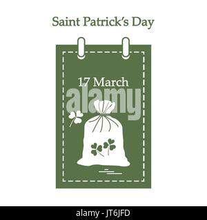 Carino illustrazione vettoriale: calendario con una borsa piena di monete d'oro e trifoglio per la festa di San Patrizio. Design per banner, poster o di stampa. Illustrazione Vettoriale