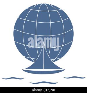 Icona stilizzata di un yacht colorati, vela sopra le onde su un globo su sfondo bianco Illustrazione Vettoriale