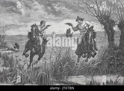 Cowboy americani duello con pistole da cavallo, digitale migliorata la riproduzione di un immagine pubblicata tra 1880 - 1885 Foto Stock