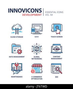 Lo sviluppo di pagine Web - moderno vettore riga set di icone. Illustrazione Vettoriale