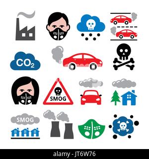 Lo smog, inquinamento, anti pollsution maschera icone vettoriali set - Ecologia, Ambiente nozione Illustrazione Vettoriale